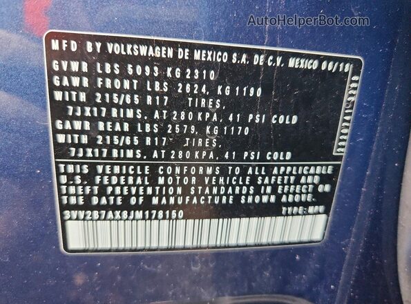 3VV2B7AX8JM178150 2018 VOLKSWAGEN TIGUAN Blue VIN კოდის სტიკერის ხედი