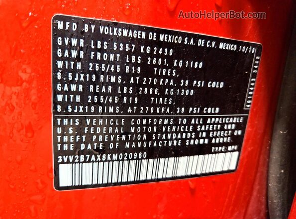 3VV2B7AX8KM020960 2019 VOLKSWAGEN TIGUAN Orange Սալոնի 360 աստիճան տեսք