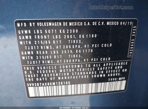 3VV2B7AX8KM138166 2019 VOLKSWAGEN TIGUAN Blue ძრავის განყოფილების ხედი