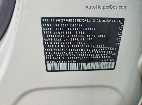 3VV2B7AX8KM194320 2019 VOLKSWAGEN TIGUAN White Vista de la etiqueta del VIN
