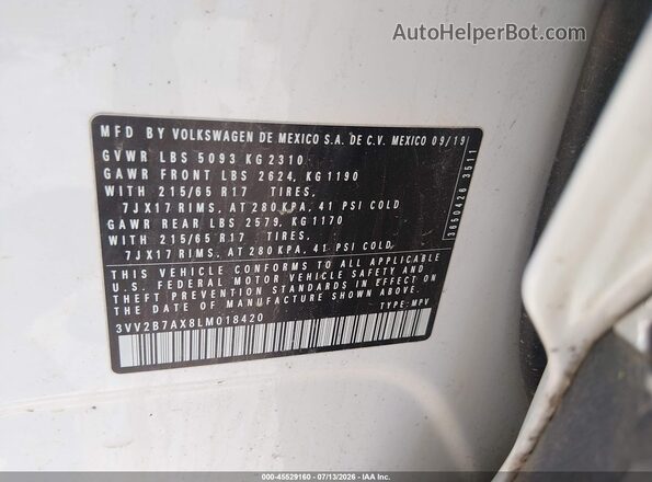 3VV2B7AX8LM018420 2020 VOLKSWAGEN TIGUAN White Vista del compartimento del motor