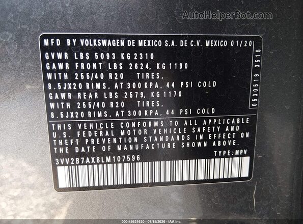 3VV2B7AX8LM107596 2020 VOLKSWAGEN TIGUAN Gray Widok komory silnika