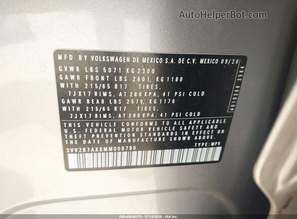 3VV2B7AX8MM008780 2021 VOLKSWAGEN TIGUAN Серебряный Вид подкапотного пространства
