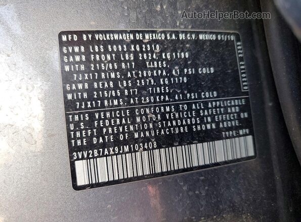 3VV2B7AX9JM103408 2018 VOLKSWAGEN TIGUAN Charcoal Widok naklejki z numerem VIN