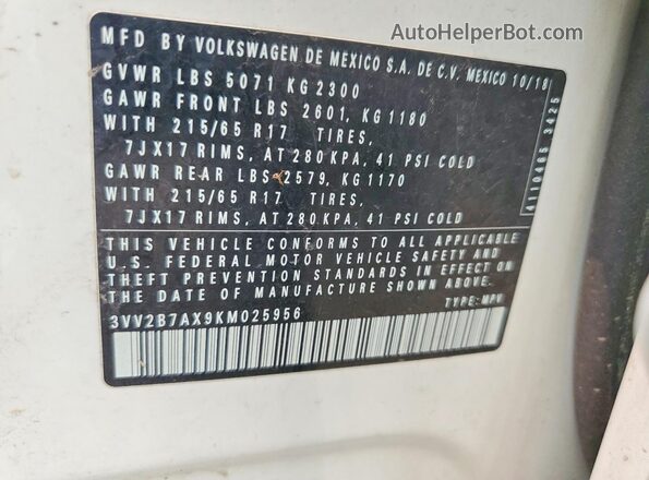3VV2B7AX9KM025956 2019 VOLKSWAGEN TIGUAN White Widok naklejki z numerem VIN