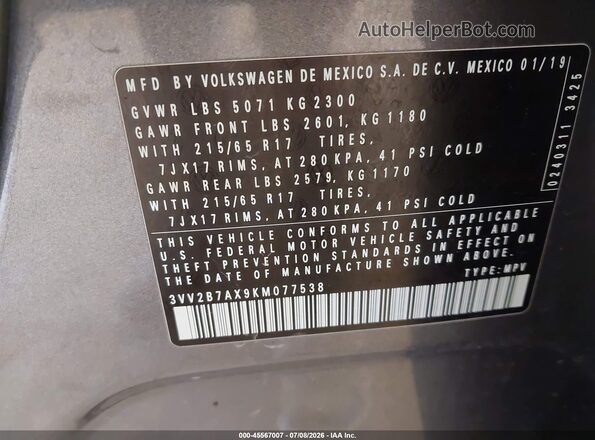 3VV2B7AX9KM077538 2019 VOLKSWAGEN TIGUAN Gray Widok komory silnika