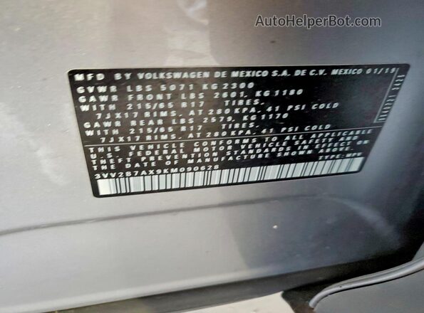 3VV2B7AX9KM090628 2019 VOLKSWAGEN TIGUAN Gray Вид наклейки з VIN-кодом