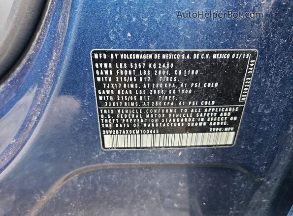 3VV2B7AX9KM100445 2019 VOLKSWAGEN TIGUAN Blue Շարժիչի բաժամունքի տեսք