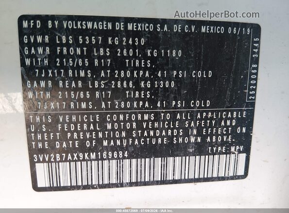 3VV2B7AX9KM169684 2019 VOLKSWAGEN TIGUAN White Вид підкапотного простору