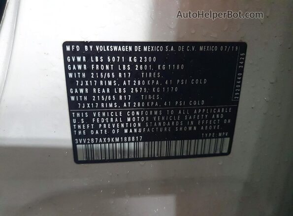 3VV2B7AX9KM188817 2019 VOLKSWAGEN TIGUAN White Widok naklejki z numerem VIN