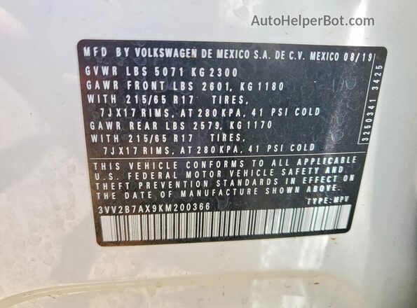 3VV2B7AX9KM200366 2019 VOLKSWAGEN TIGUAN White Vista de la etiqueta del VIN