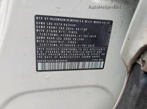 3VV2B7AX9LM030446 2020 VOLKSWAGEN TIGUAN White Вид наклейки з VIN-кодом