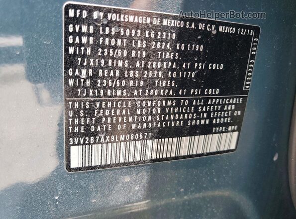 3VV2B7AX9LM080571 2020 VOLKSWAGEN TIGUAN Blue Engine compartment view