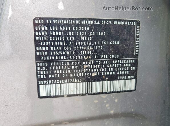 3VV2B7AX9LM126593 2020 VOLKSWAGEN TIGUAN Silver Vista interior de 360 grados