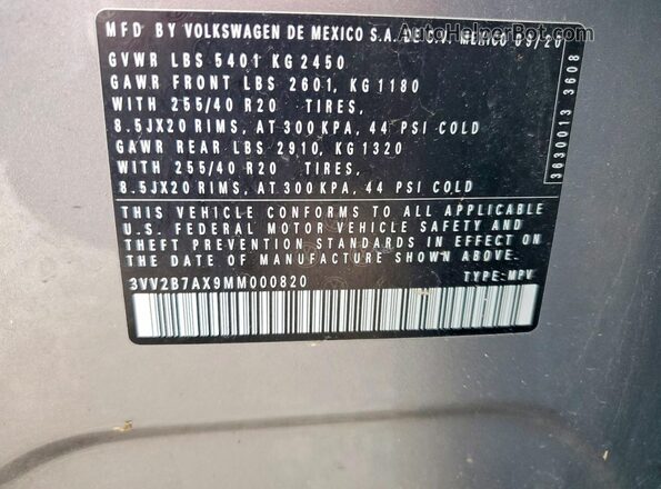3VV2B7AX9MM000820 2021 VOLKSWAGEN TIGUAN Gray Vista interior de 360 grados