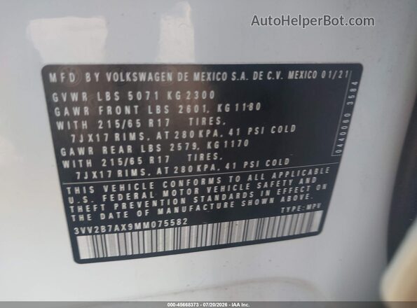 3VV2B7AX9MM075582 2021 VOLKSWAGEN TIGUAN White ძრავის განყოფილების ხედი