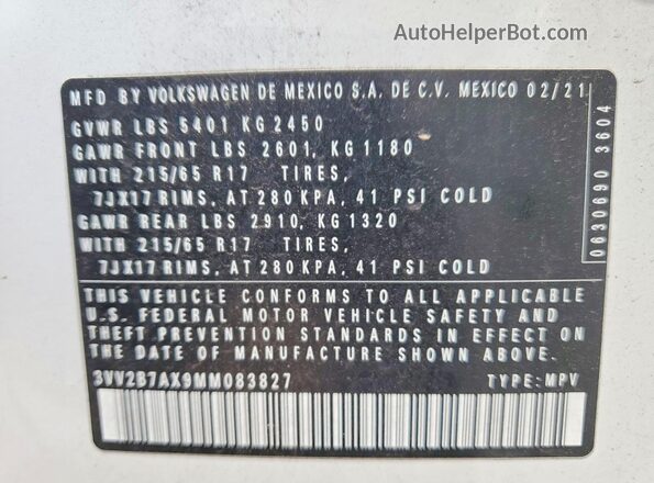 3VV2B7AX9MM083827 2021 VOLKSWAGEN TIGUAN White VIN კოდის სტიკერის ხედი