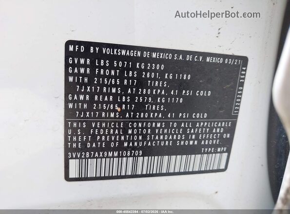3VV2B7AX9MM108709 2021 VOLKSWAGEN TIGUAN White Widok komory silnika