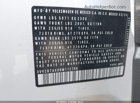 3VV2B7AX9RM112766 2024 VOLKSWAGEN TIGUAN White Вид підкапотного простору