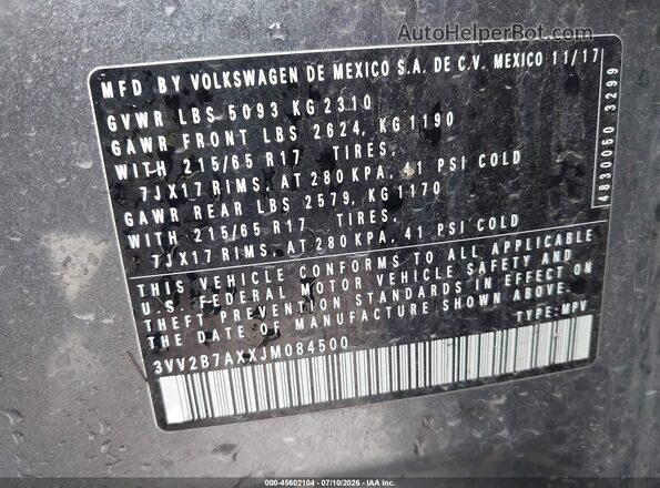 3VV2B7AXXJM084500 2018 VOLKSWAGEN TIGUAN Gray ძრავის განყოფილების ხედი