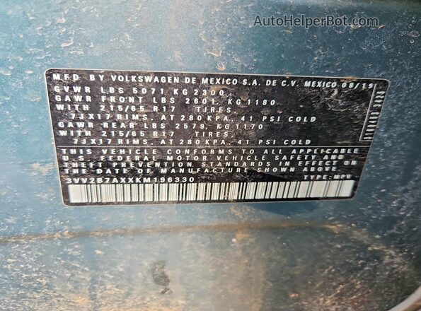 3VV2B7AXXKM196330 2019 VOLKSWAGEN TIGUAN Teal VIN კოდის სტიკერის ხედი