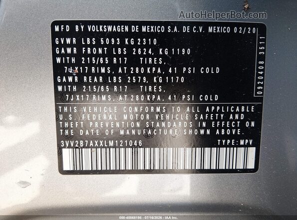 3VV2B7AXXLM121046 2020 VOLKSWAGEN TIGUAN Silver Vista del compartimento del motor