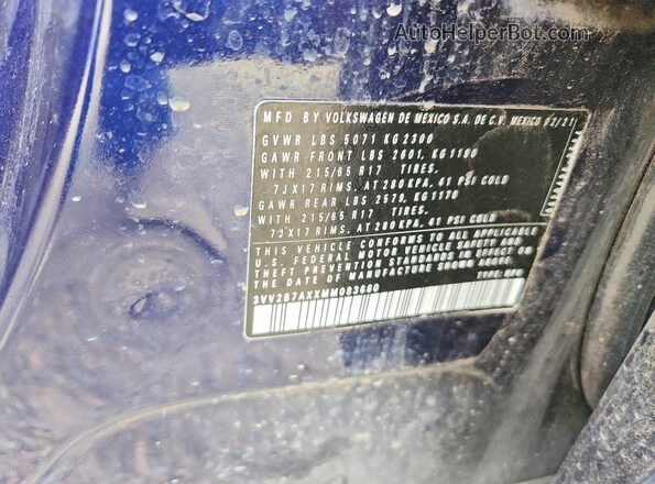3VV2B7AXXMM083660 2021 VOLKSWAGEN TIGUAN Blue Շարժիչի բաժամունքի տեսք