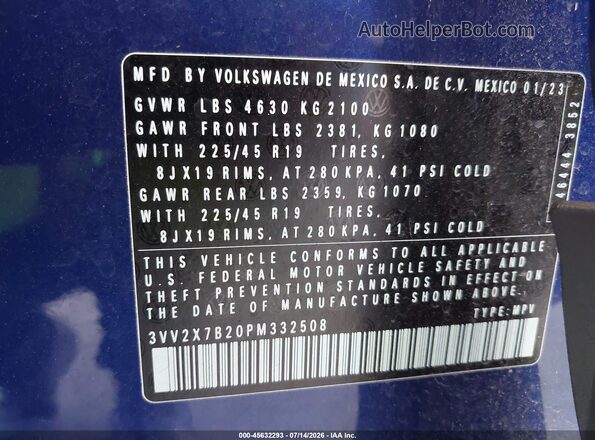 3VV2X7B20PM332508 2023 VOLKSWAGEN TAOS Blue Vista del compartimento del motor