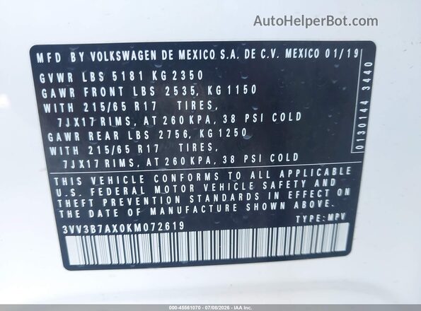 3VV3B7AX0KM072619 2019 VOLKSWAGEN TIGUAN White Вид підкапотного простору