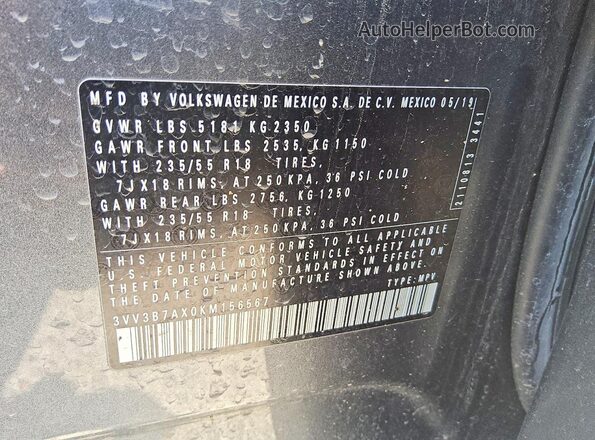 3VV3B7AX0KM156567 2019 VOLKSWAGEN TIGUAN Gray Vista de la etiqueta del VIN