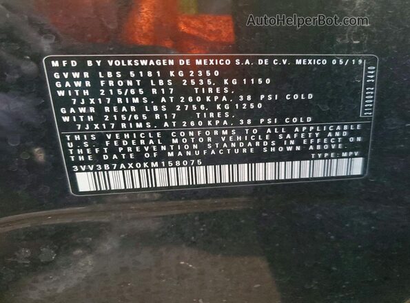 3VV3B7AX0KM158075 2019 VOLKSWAGEN TIGUAN Black Панорамний вид салону 360°