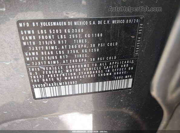 3VV3B7AX0LM182992 2020 VOLKSWAGEN TIGUAN Gray ძრავის განყოფილების ხედი