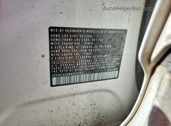 3VV3B7AX0MM025982 2021 VOLKSWAGEN TIGUAN White Vista de la etiqueta del VIN