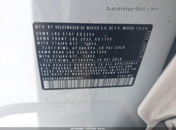 3VV3B7AX0MM051434 2021 VOLKSWAGEN TIGUAN White ძრავის განყოფილების ხედი