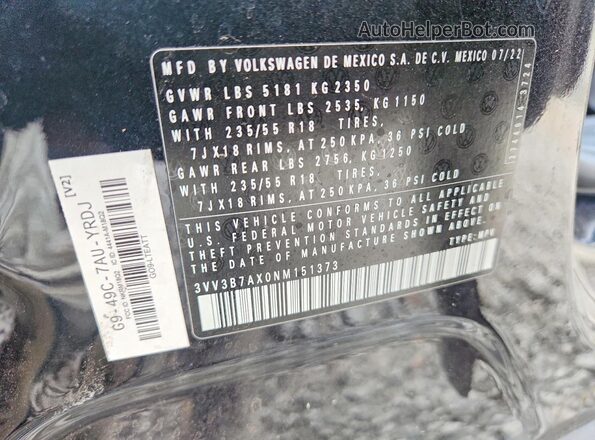 3VV3B7AX0NM151373 2022 VOLKSWAGEN TIGUAN Black Widok wnętrza 360 stopni