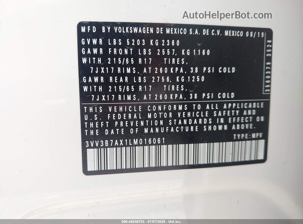 3VV3B7AX1LM016061 2020 VOLKSWAGEN TIGUAN White Vista del compartimento del motor