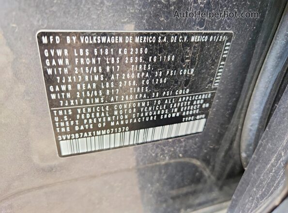 3VV3B7AX1MM071370 2021 VOLKSWAGEN TIGUAN Gray Vista de la etiqueta del VIN