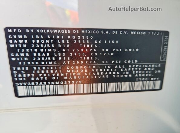 3VV3B7AX1NM037379 2022 VOLKSWAGEN TIGUAN White VIN კოდის სტიკერის ხედი