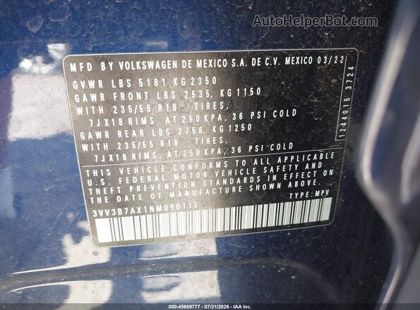 3VV3B7AX1NM090115 2022 VOLKSWAGEN TIGUAN Blue Vista del compartimento del motor