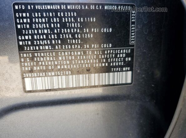 3VV3B7AX1NM152189 2022 VOLKSWAGEN TIGUAN Gray Widok naklejki z numerem VIN