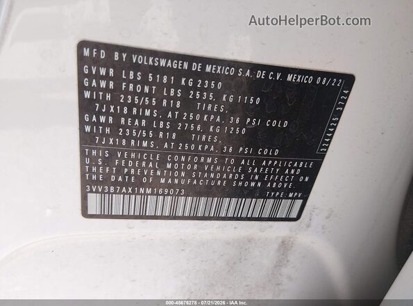 3VV3B7AX1NM169073 2022 VOLKSWAGEN TIGUAN Белый Вид подкапотного пространства