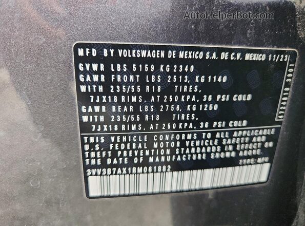 3VV3B7AX1RM061882 2024 VOLKSWAGEN TIGUAN Gray Vista interior de 360 grados