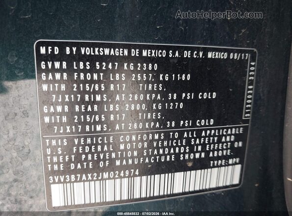 3VV3B7AX2JM024974 2018 VOLKSWAGEN TIGUAN Green Widok komory silnika