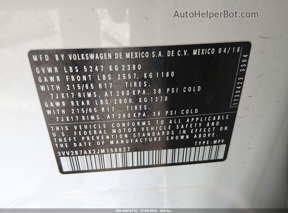 3VV3B7AX2JM156827 2018 VOLKSWAGEN TIGUAN White Շարժիչի բաժամունքի տեսք