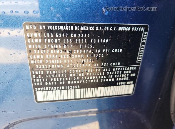 3VV3B7AX2JM162658 2018 VOLKSWAGEN TIGUAN Синий Вид наклейки с VIN-кодом