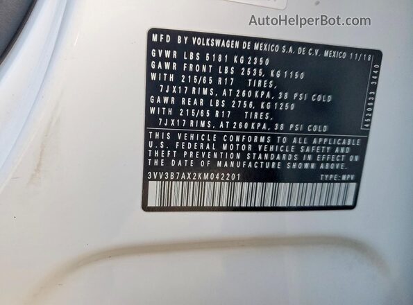 3VV3B7AX2KM042201 2019 VOLKSWAGEN TIGUAN White Vista de la etiqueta del VIN