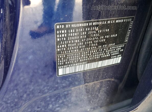 3VV3B7AX2NM064607 2022 VOLKSWAGEN TIGUAN Blue Вид наклейки з VIN-кодом