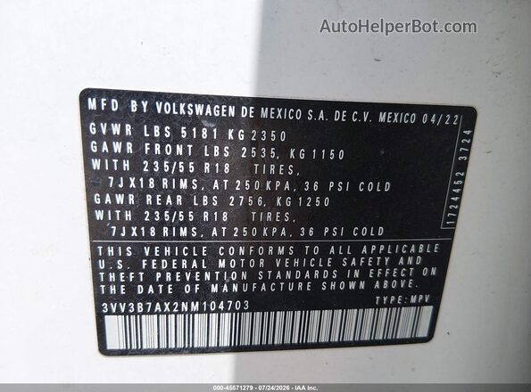 3VV3B7AX2NM104703 2022 VOLKSWAGEN TIGUAN White Vista del compartimento del motor