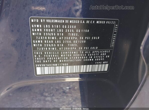 3VV3B7AX2NM117600 2022 VOLKSWAGEN TIGUAN Синий Вид подкапотного пространства