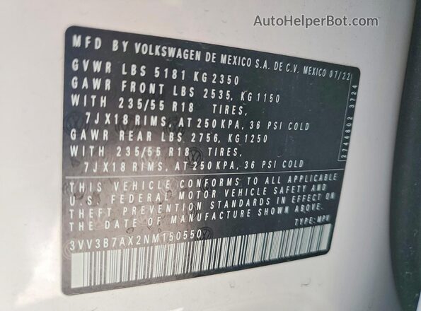 3VV3B7AX2NM150550 2022 VOLKSWAGEN TIGUAN White Вид наклейки з VIN-кодом